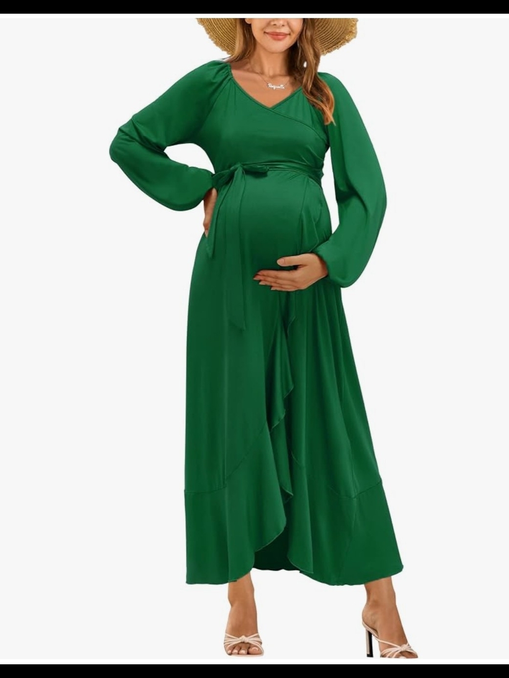 Elegant Green Maternity Wrap Maxi Dress